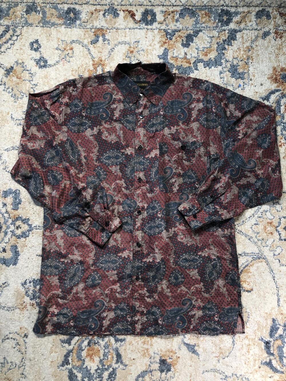 Kasanova Shirt Mens M Red Paisley Long Sleeve Button Up Silk Pocket Casual